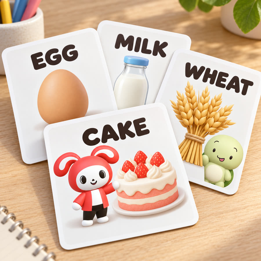 单词卡效果图:EGG、MILK、WHEAT、CAKE 四张卡片,印有 JJ 和 Mikey