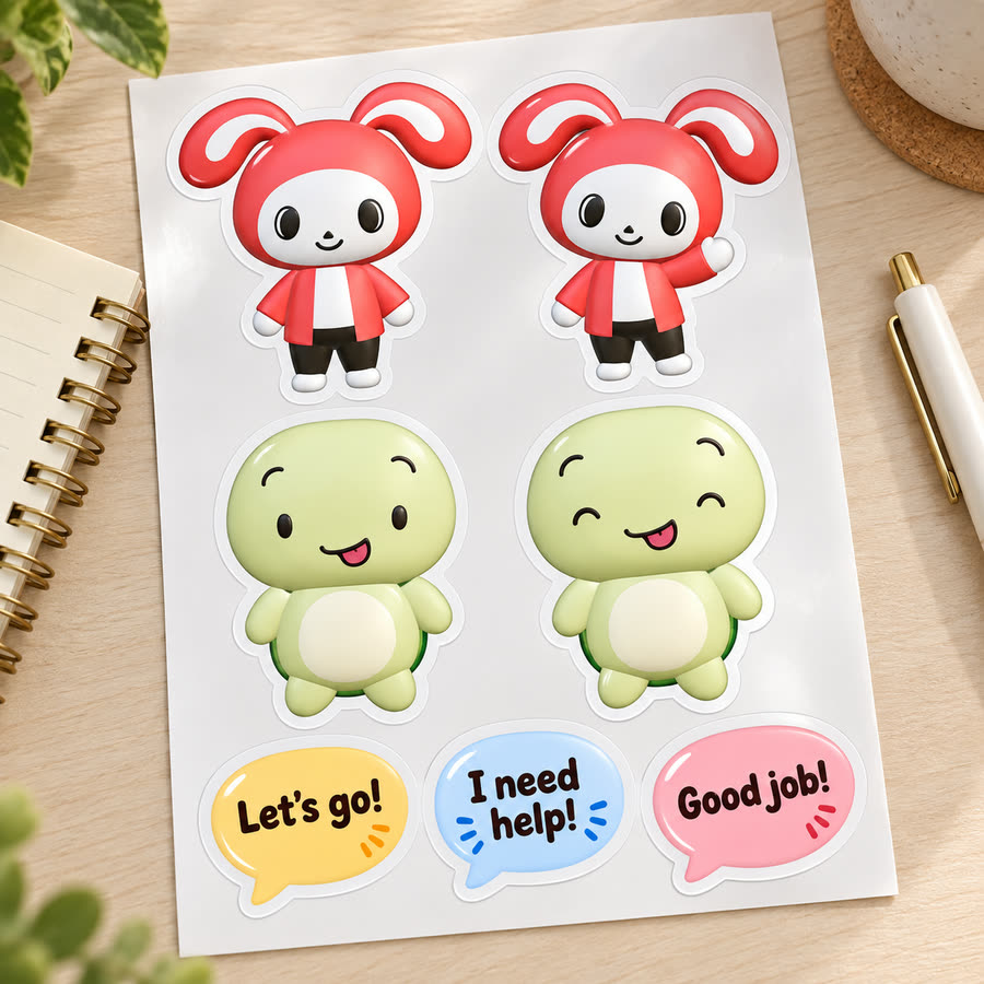 贴纸效果图:JJ、Mikey 角色贴纸和 Let's go!、I need help!、Good job! 对话贴纸